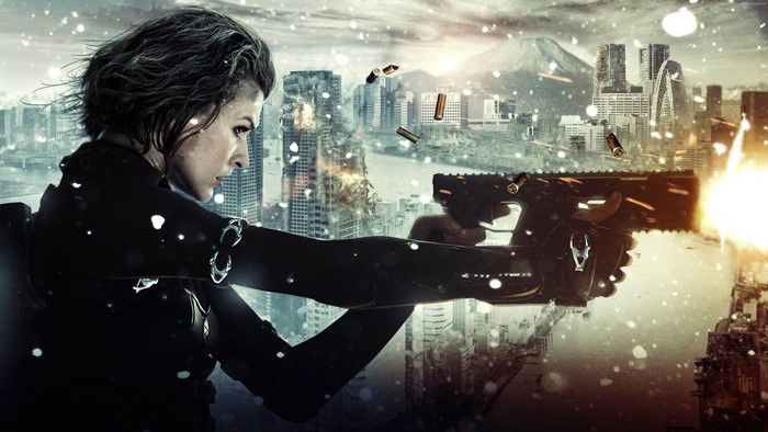 Milla Jovovich firing a submachine gun in Resident Evil: The Final Chapter