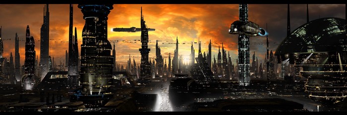 Futuristic city skyline at sunset with flying vehicles
