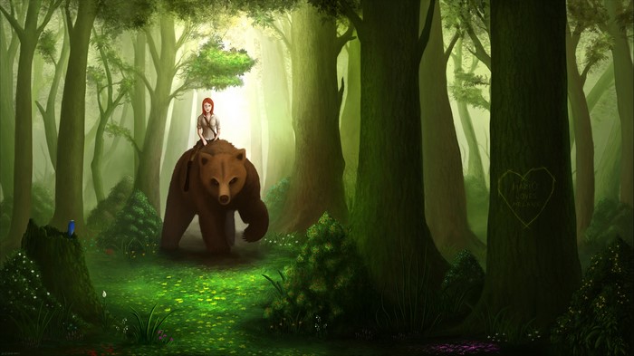 Girl riding a bear in a sunlit forest