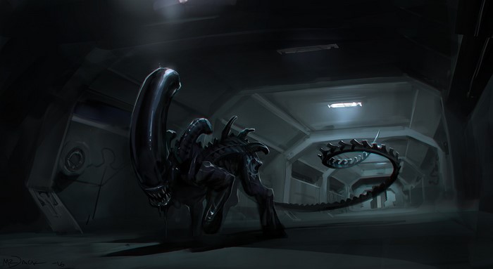 Alien creature in a dark spaceship hallway