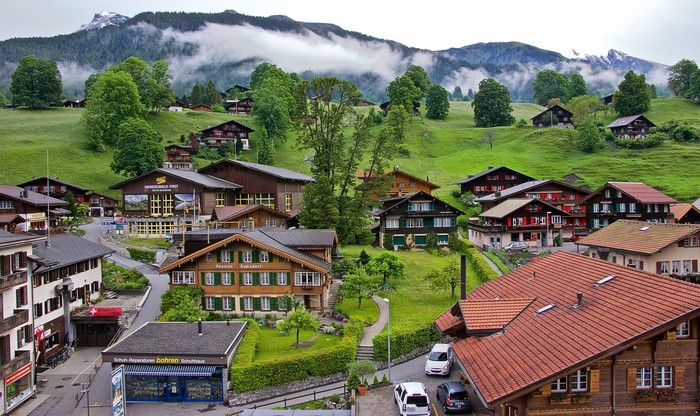 Grindelwald, Switzerland village with mountains and houses