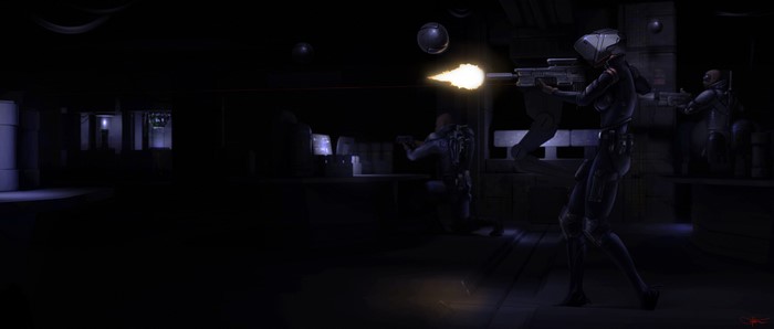 Warriors firing assault rifles in a dark room