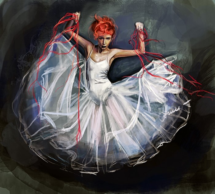 Painting of a ballerina with red hair and a white dress