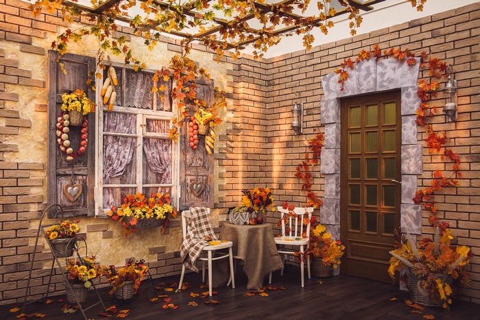 Autumnal Courtyard with Window and Door