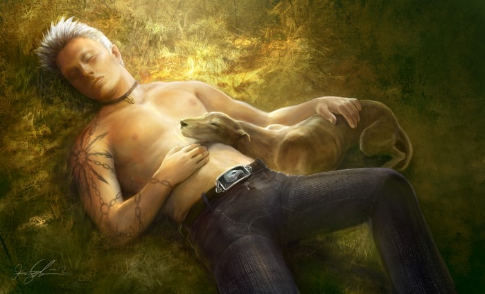 Man and dog sleeping in grass