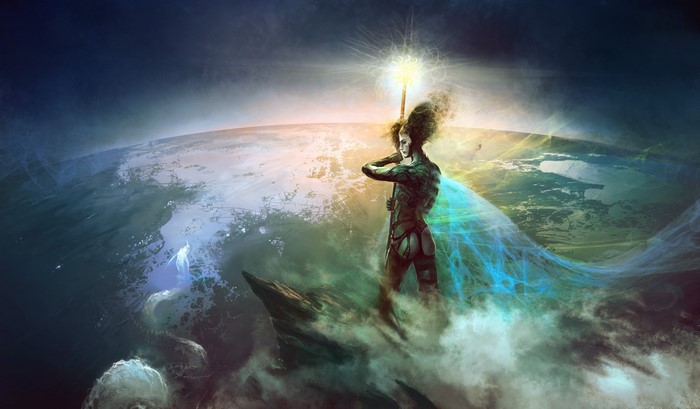 Kirsi Salonen holding a magic staff on a planet surface