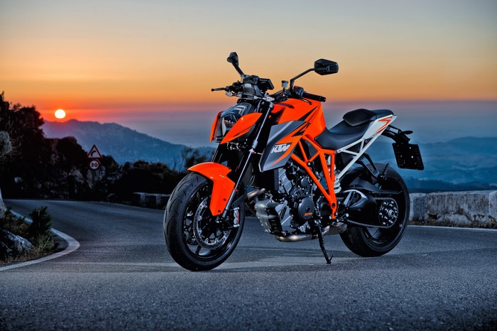 KTM 1290 Super Duke R motorcycle at sunset