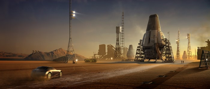 4K Spaceport with Rocket and Car