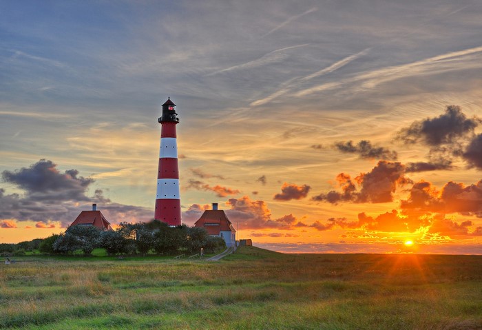Westerhever Lighthouse, Schleswig-Holstein, Germany at sunset