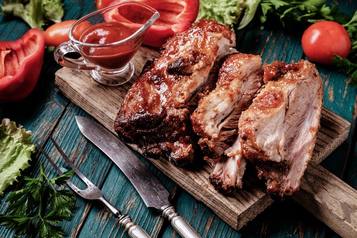 4K Meat products with Knife and Ketchup