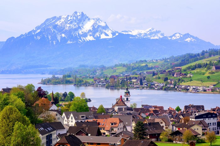 Lake Lucerne with Mountains and Houses in Switzerland