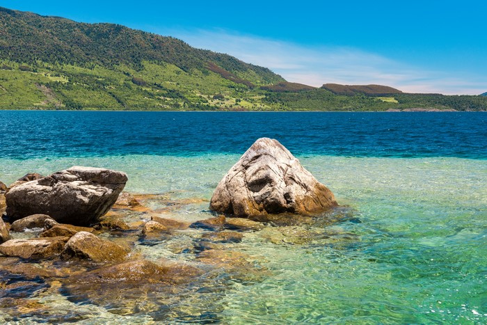 Stones in clear water at Conguillio National Park, Chile