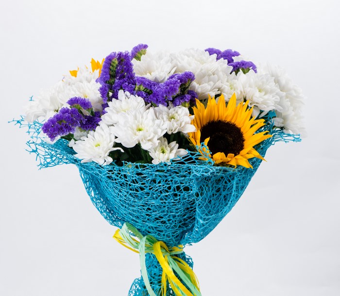 Bouquet of Sunflowers, Chrysanthemums, and Delphinium