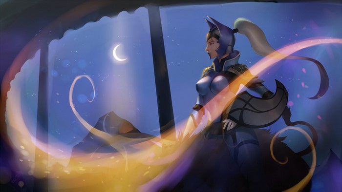 Luna from DOTA 2 in armor at night