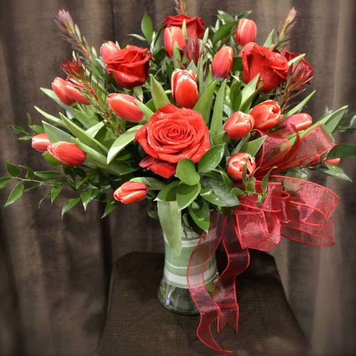 Red Roses and Tulips Bouquet with Ribbon