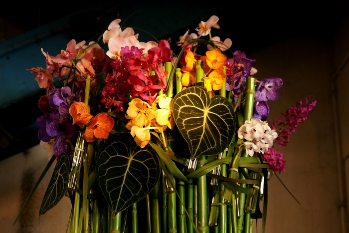Orchid flower arrangement with bamboo