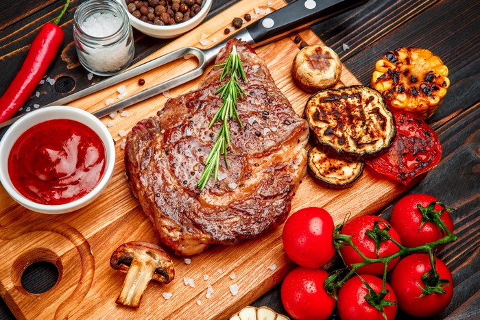 Grilled Ribeye Steak with Vegetables and Ketchup