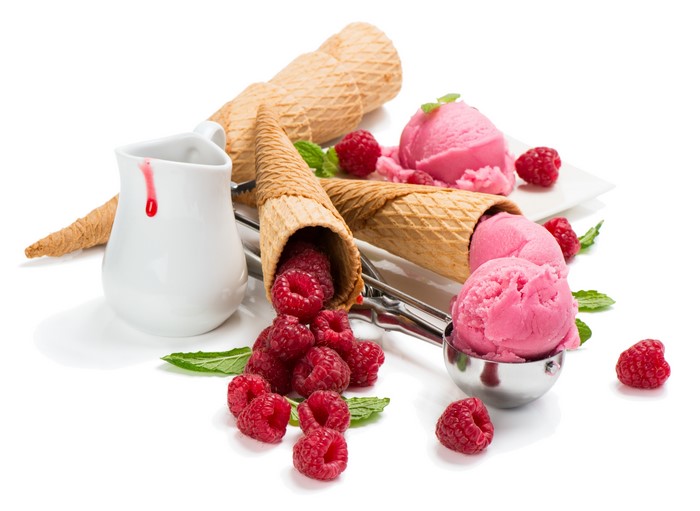 Raspberry ice cream with cones and jug