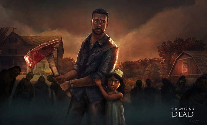 Lee Everett and Clementine from The Walking Dead with zombies