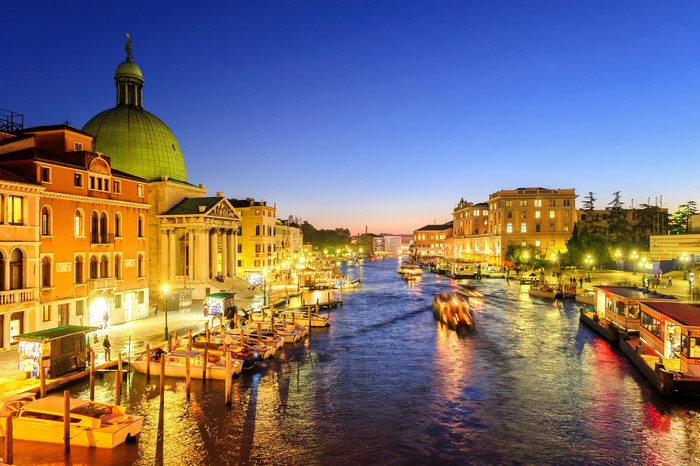 Venice Grand Canal at Dusk with Boats and Buildings