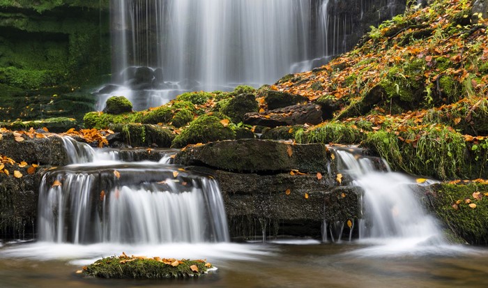 Waterfall in Yorkshire, United Kingdom with Foliage and Moss