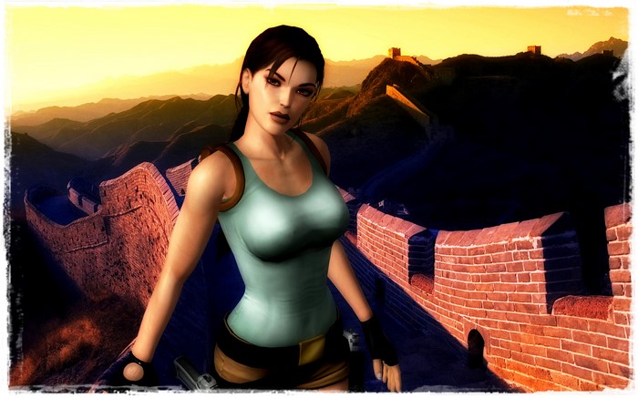 Lara Croft from Tomb Raider on the Great Wall of China