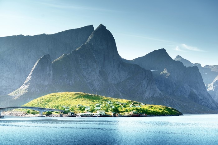 Norway Lofoten Mountains and Village with Bridge