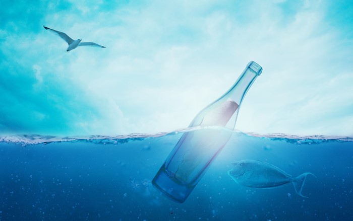 Message in a bottle floating in the ocean with a seagull and fish