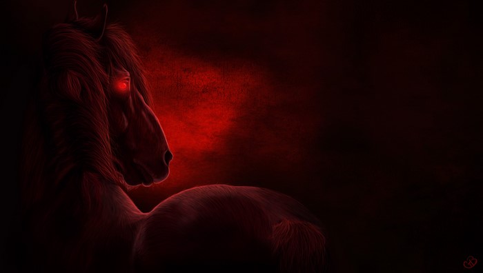 A dark red horse with glowing red eyes