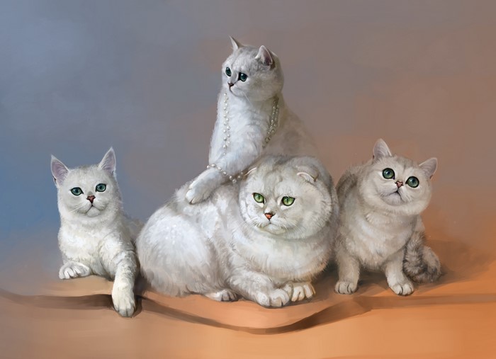 Four White Cats Painting