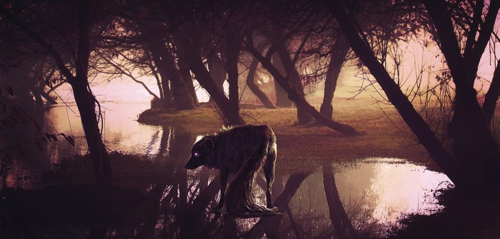 A wolf with glowing eyes stands in a misty forest by a pond.