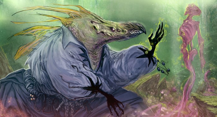 Monster and spectral figure in a mystical forest