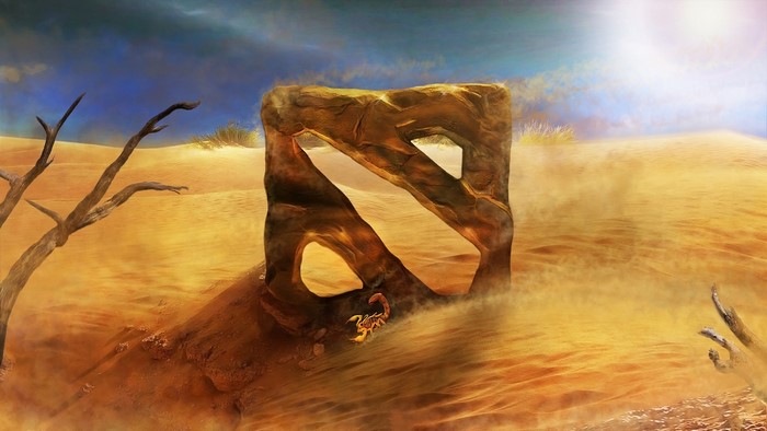 Dota 2 logo emblem in a desert landscape