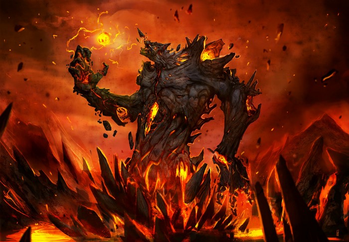 Lava monster conjuring fire in a volcanic landscape