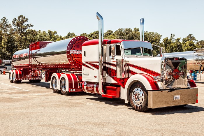 Custom Peterbilt tanker truck with red and white paint