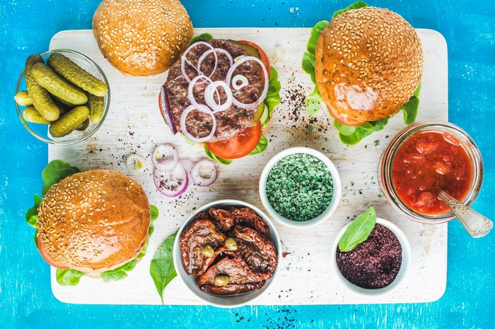 Hamburger ingredients on a cutting board