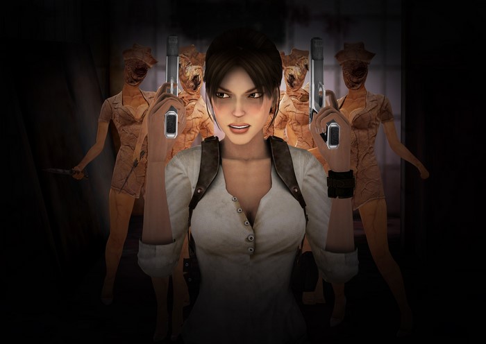 Lara Croft from Tomb Raider with Pistols and Nurses