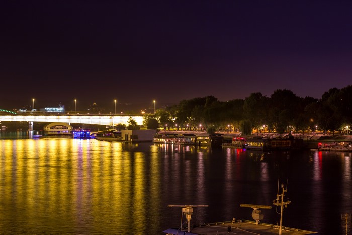 Night view of Belgrade with bridge and river