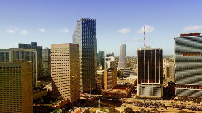Miami Skyline with Tall Buildings and Blue Sky