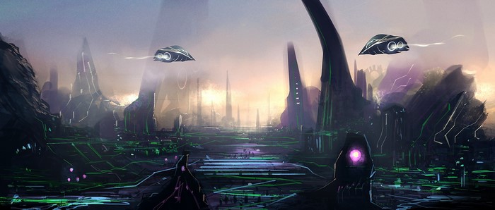 Futuristic alien city with flying ships