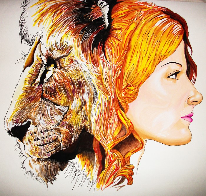 Lion and Redhead Girl Profile