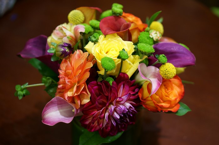 Colorful bouquet of dahlias, callas, and roses