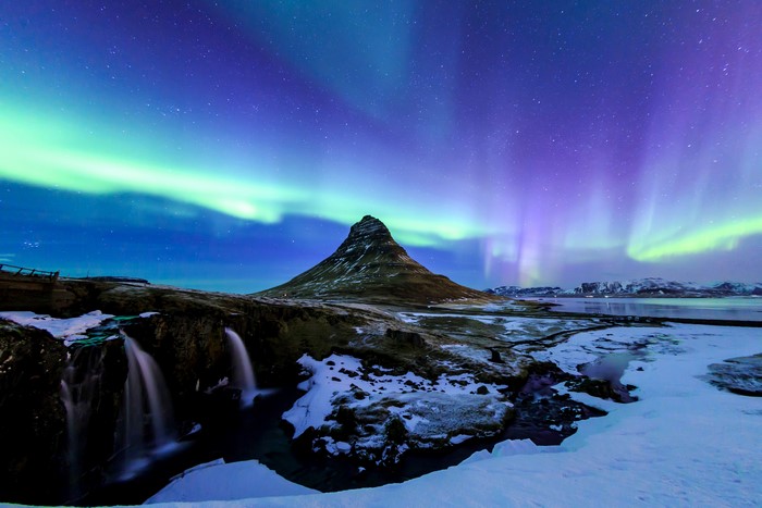 Kirkjufell mountain, Iceland with Aurora Borealis