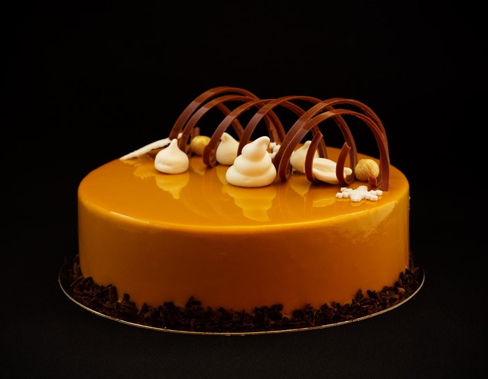 Caramel Mirror Glaze Cake with Chocolate Decorations