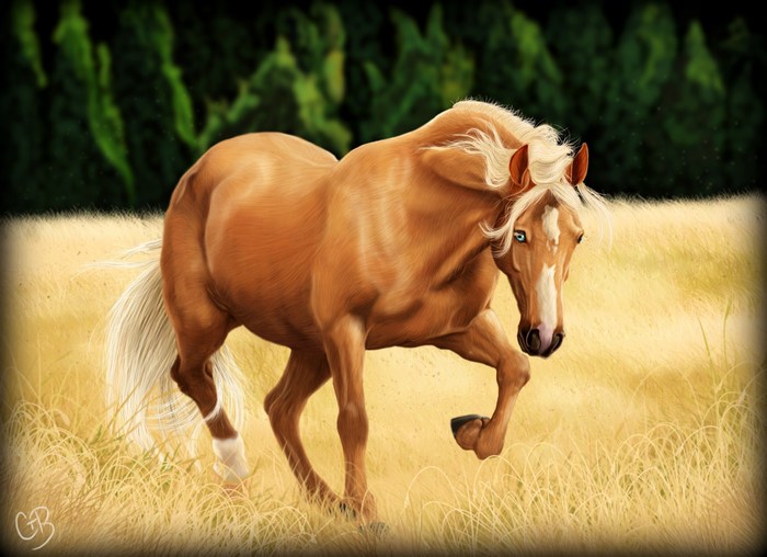 Painting of a palomino horse in a field