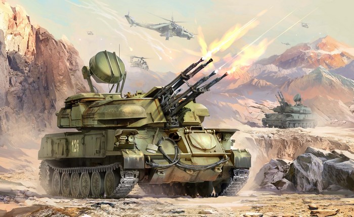 Soviet Anti-Aircraft Weapon SHILKA firing in mountains