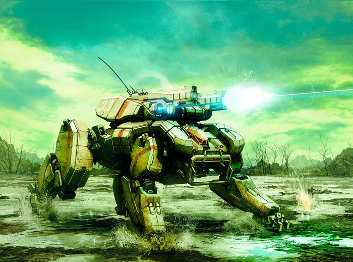 Mech firing laser in a swamp
