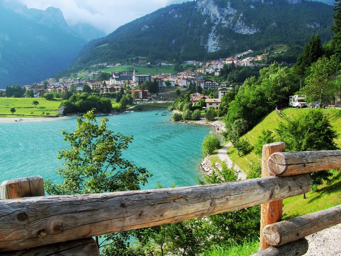 Molveno, Italy: Houses on a Lake with Mountains