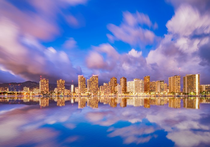 Waikiki Honolulu Skyline Reflection at Dusk