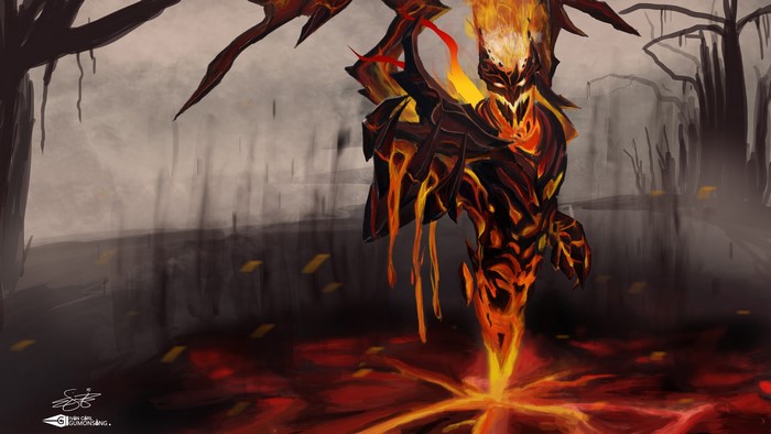 Shadow Fiend from DOTA 2 in a fiery landscape